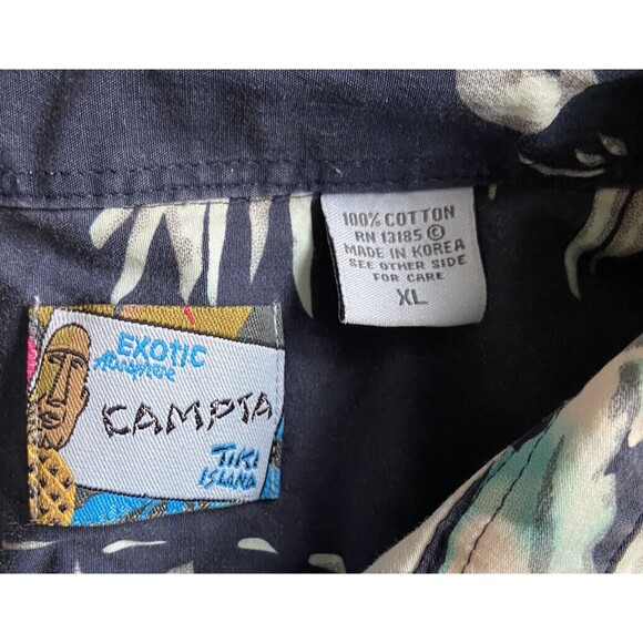 Vintage Exotic Anywhere Campta Tiki Island Mens Hawaiian Shirt size XL Blue 90s - Picture 3 of 7